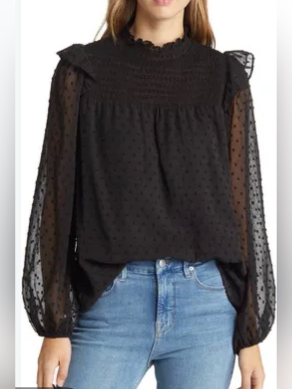 Never worn, like new. Nikki Lund Yannis Smocked Clip Dot Blouse Black Polka Dot